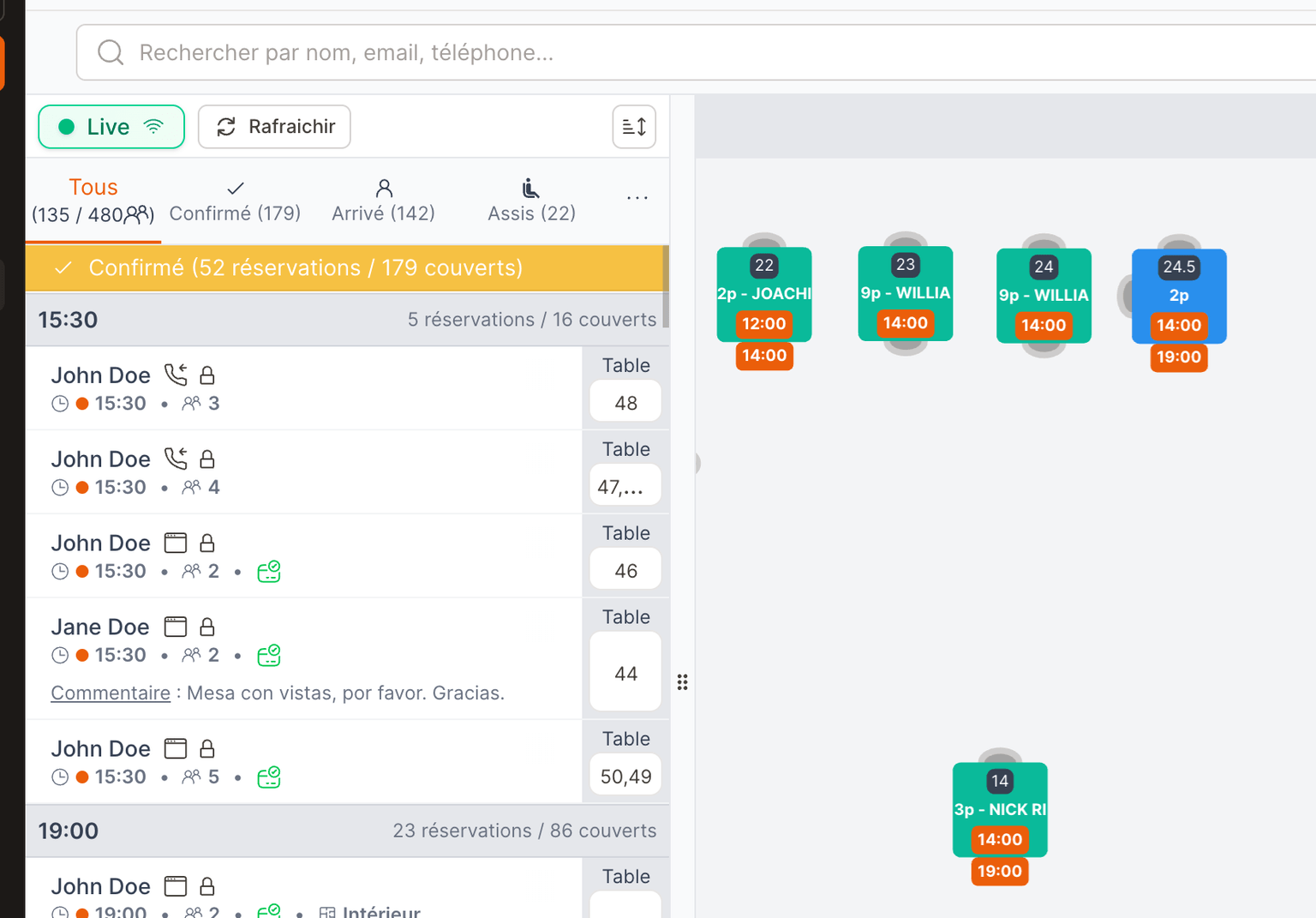 The EatNow reservation book in service: confirmed bookings and live floor plan
