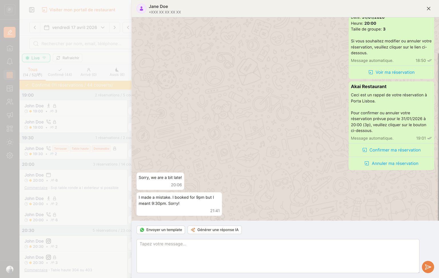 WhatsApp conversation where the EatNow agent answers and takes a booking